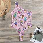 Girly Unicorn Ice Cream Pattern Print One Shoulder Bodysuit