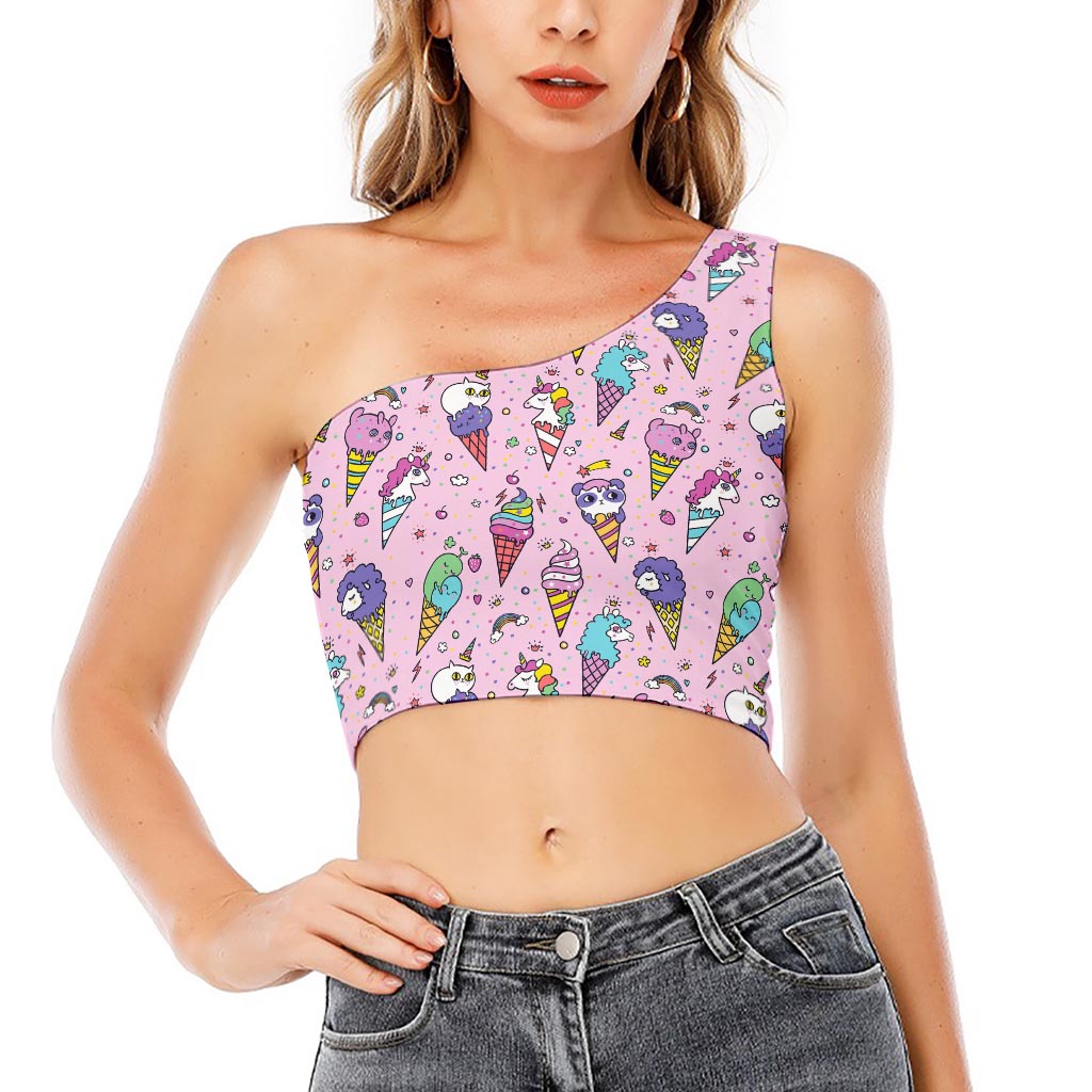 Girly Unicorn Ice Cream Pattern Print One Shoulder Crop Top