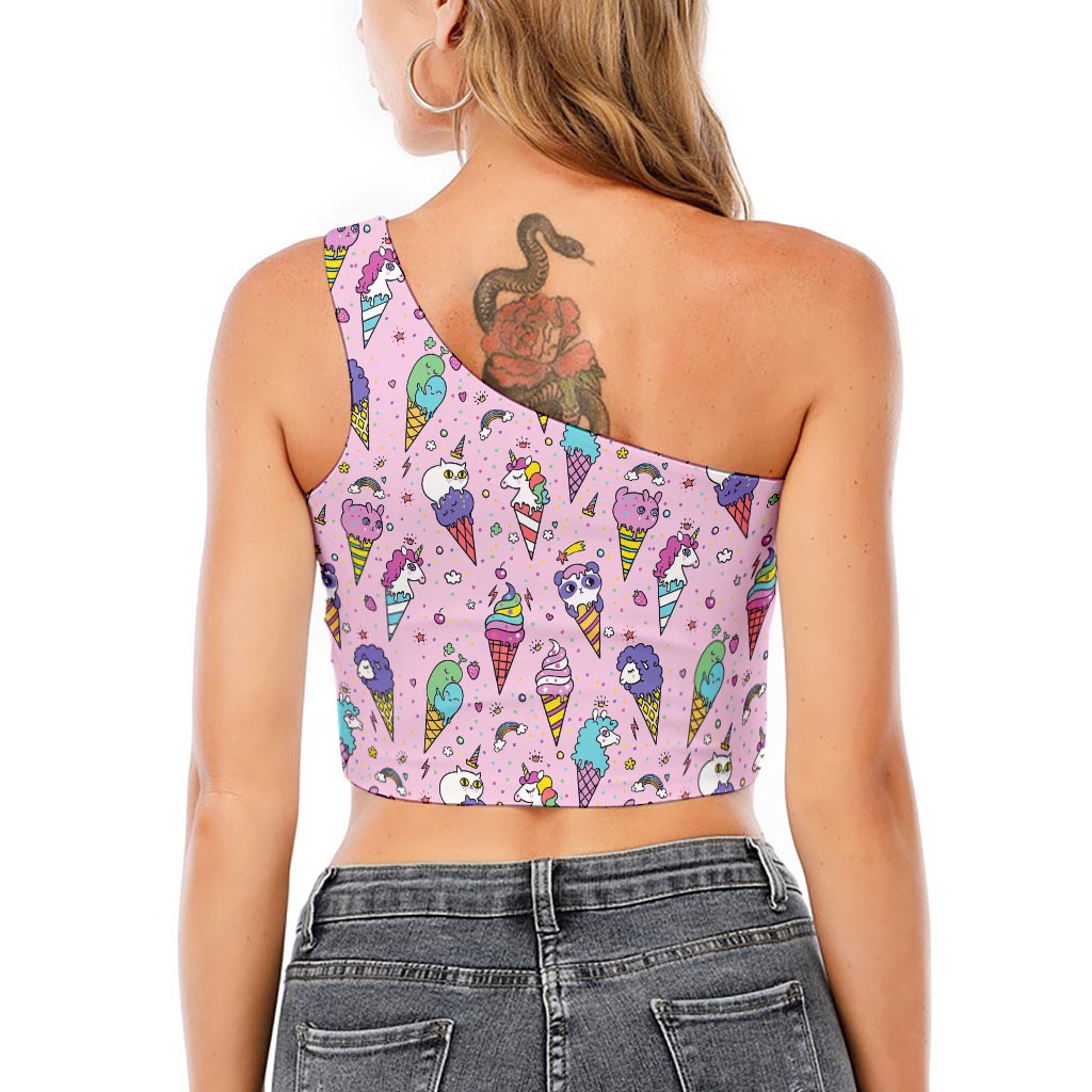 Girly Unicorn Ice Cream Pattern Print One Shoulder Crop Top