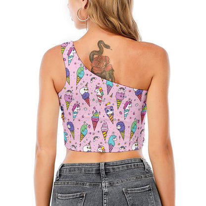 Girly Unicorn Ice Cream Pattern Print One Shoulder Crop Top