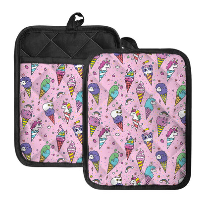 Girly Unicorn Ice Cream Pattern Print Pot Holders With Pocket