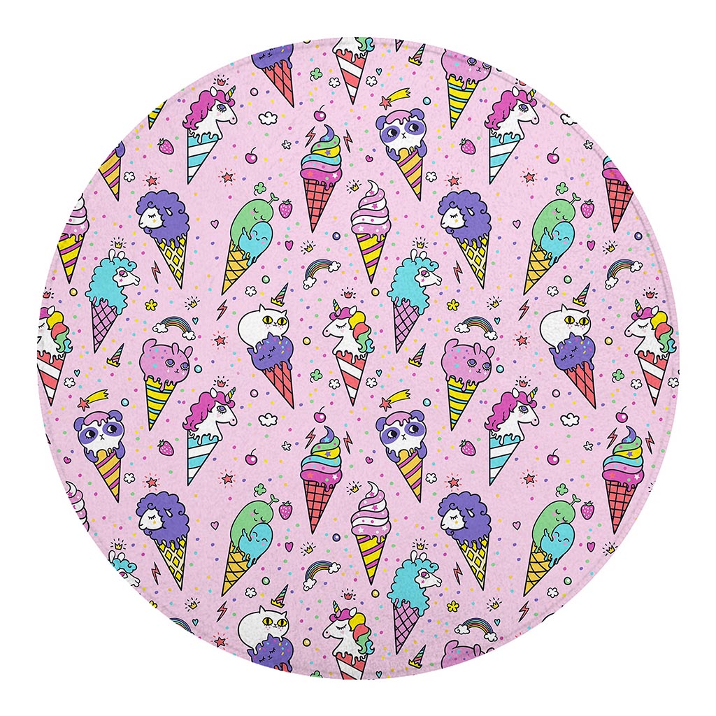 Girly Unicorn Ice Cream Pattern Print Round Blanket