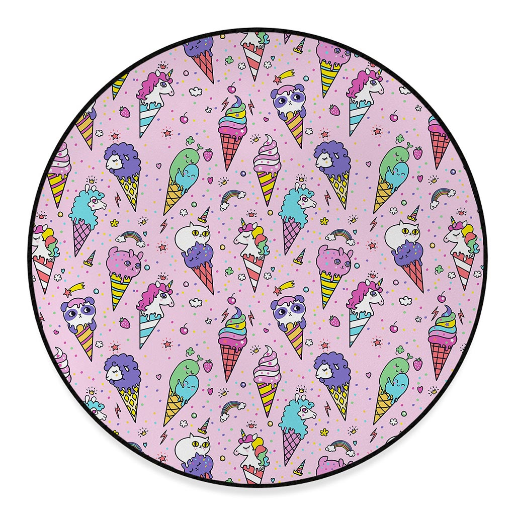 Girly Unicorn Ice Cream Pattern Print Round Floor Mat