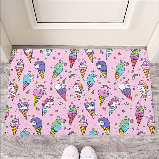 Girly Unicorn Ice Cream Pattern Print Rubber Doormat