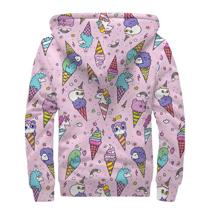 Girly Unicorn Ice Cream Pattern Print Sherpa Lined Zip Up Hoodie