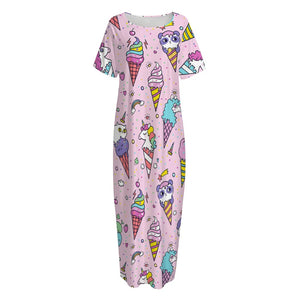 Girly Unicorn Ice Cream Pattern Print Short Sleeve Long Nightdress