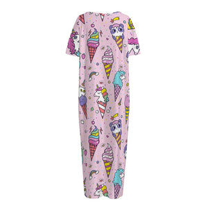 Girly Unicorn Ice Cream Pattern Print Short Sleeve Long Nightdress