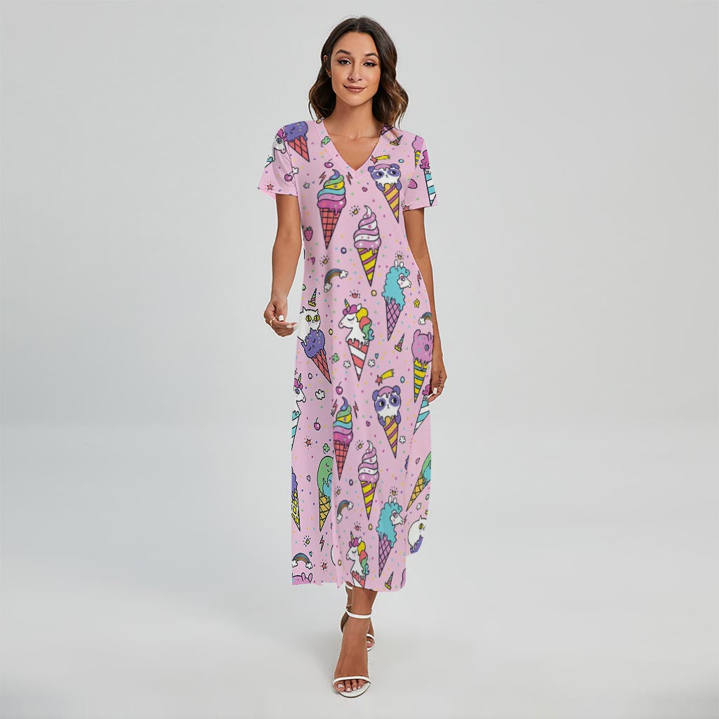 Girly Unicorn Ice Cream Pattern Print Short Sleeve Maxi Dress