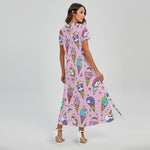 Girly Unicorn Ice Cream Pattern Print Short Sleeve Maxi Dress