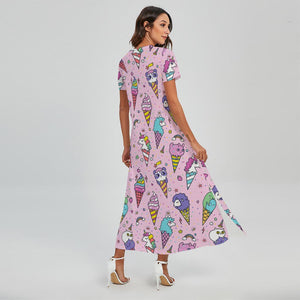 Girly Unicorn Ice Cream Pattern Print Short Sleeve Maxi Dress