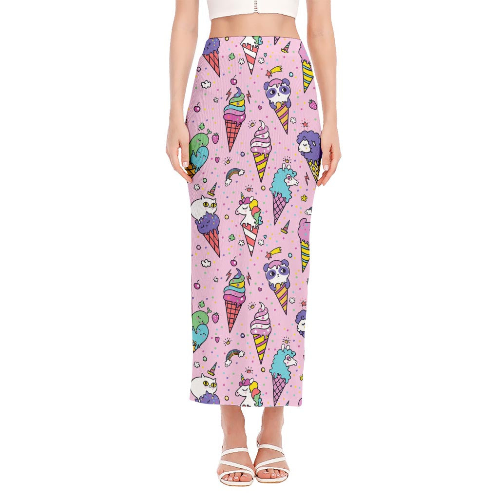 Girly Unicorn Ice Cream Pattern Print Side Slit Maxi Skirt