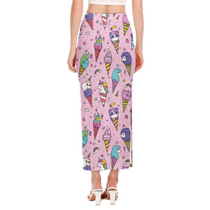 Girly Unicorn Ice Cream Pattern Print Side Slit Maxi Skirt