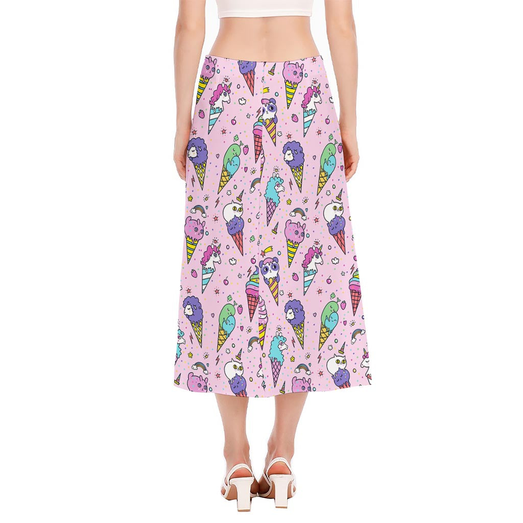 Girly Unicorn Ice Cream Pattern Print Side Slit Midi Skirt