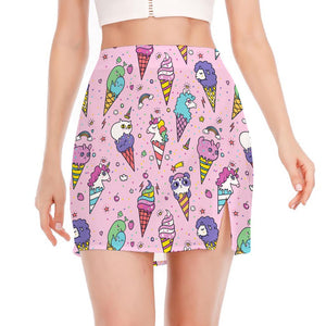 Girly Unicorn Ice Cream Pattern Print Side Slit Mini Skirt