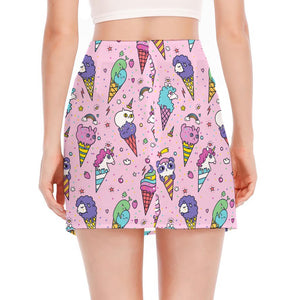 Girly Unicorn Ice Cream Pattern Print Side Slit Mini Skirt