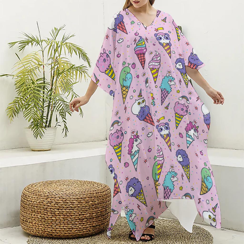 Girly Unicorn Ice Cream Pattern Print Silk V-Neck Kaftan Dress