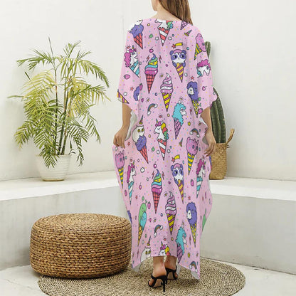 Girly Unicorn Ice Cream Pattern Print Silk V-Neck Kaftan Dress