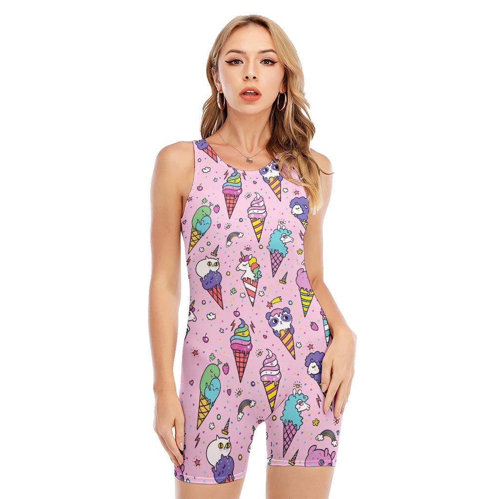 Girly Unicorn Ice Cream Pattern Print Sleeveless One Piece Swimsuit