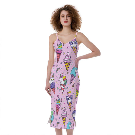 Girly Unicorn Ice Cream Pattern Print Slim Fit Midi Cami Dress
