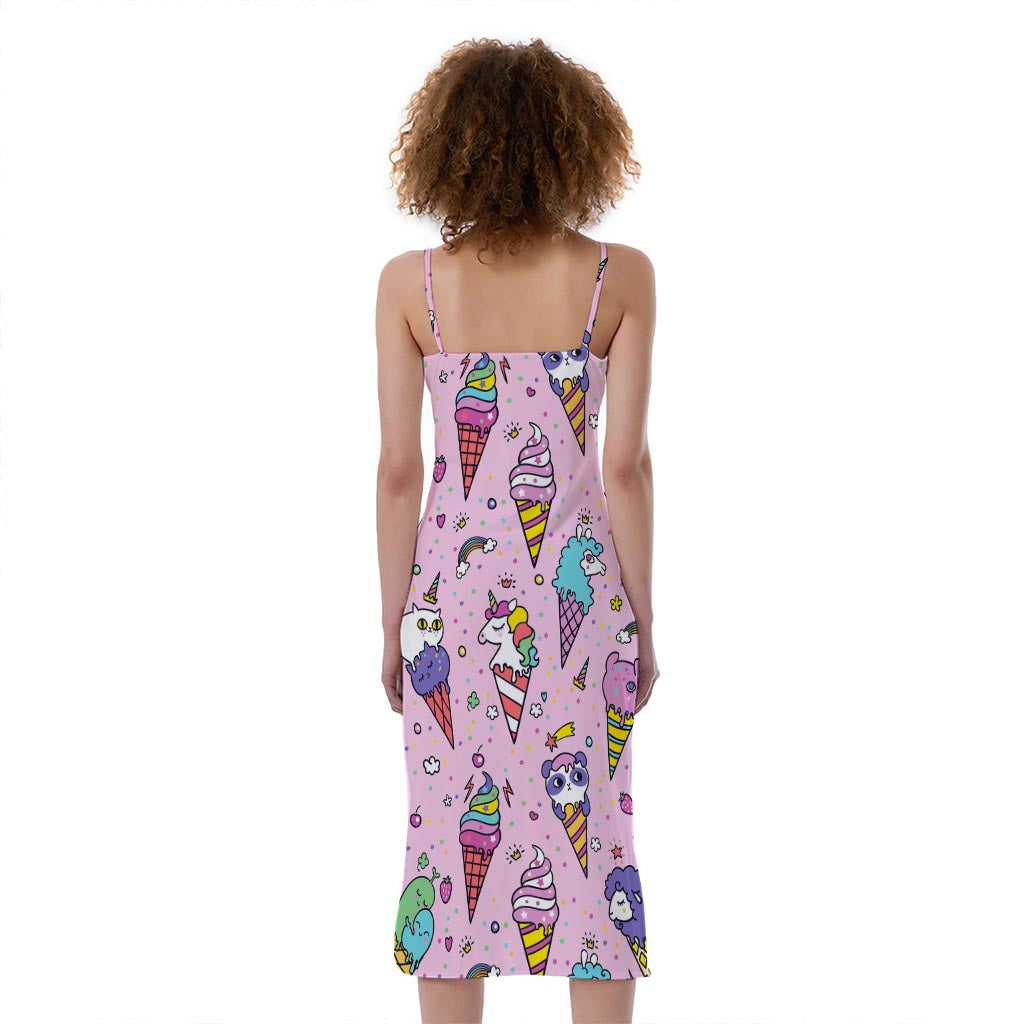 Girly Unicorn Ice Cream Pattern Print Slim Fit Midi Cami Dress