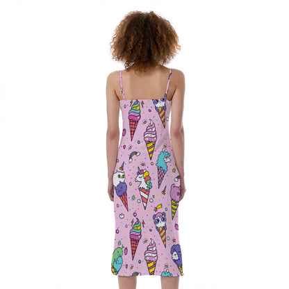 Girly Unicorn Ice Cream Pattern Print Slim Fit Midi Cami Dress