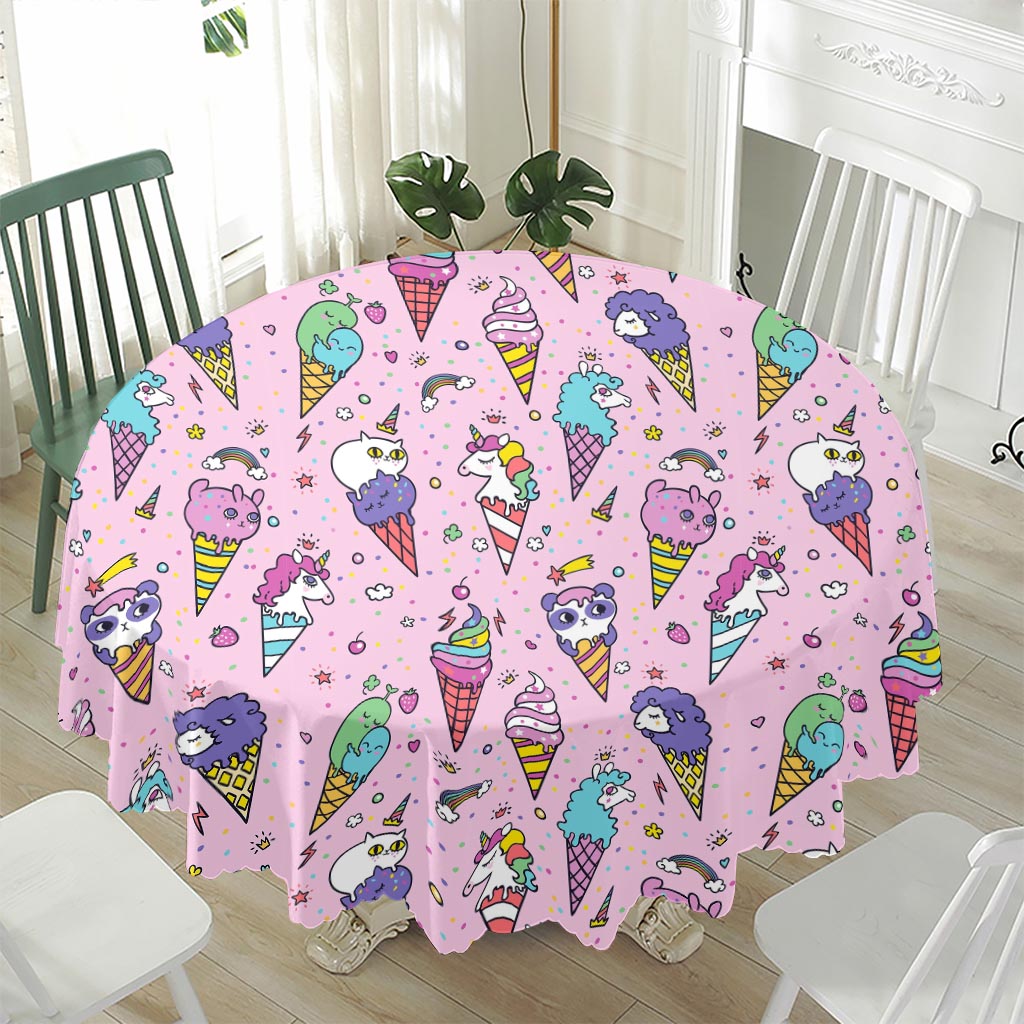 Girly Unicorn Ice Cream Pattern Print Waterproof Round Tablecloth