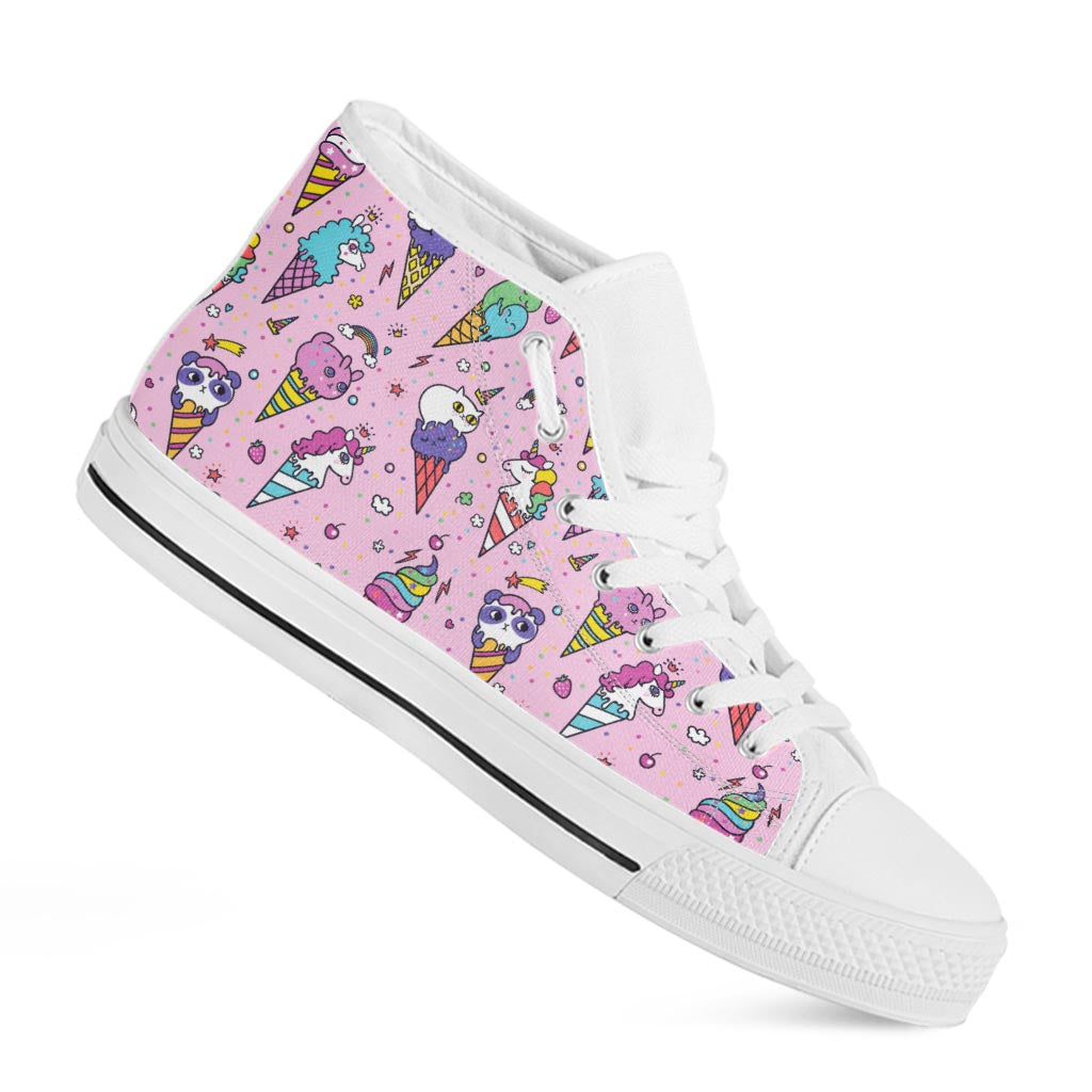 Girly Unicorn Ice Cream Pattern Print White High Top Sneakers