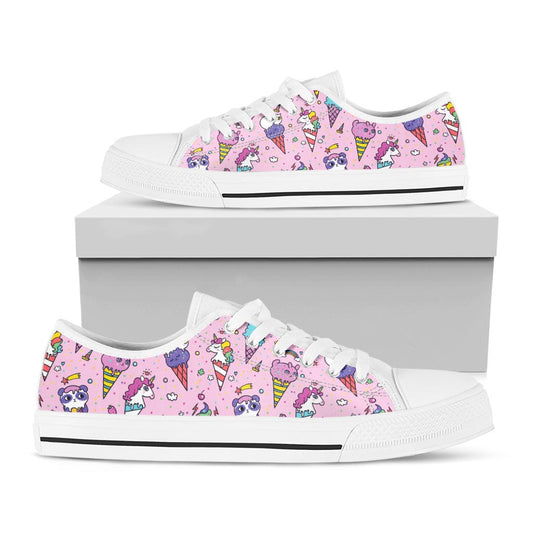 Girly Unicorn Ice Cream Pattern Print White Low Top Sneakers
