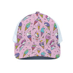 Girly Unicorn Ice Cream Pattern Print White Mesh Trucker Cap
