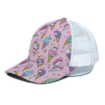 Girly Unicorn Ice Cream Pattern Print White Mesh Trucker Cap