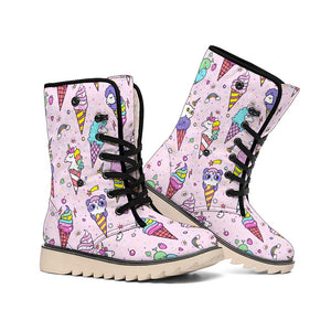 Girly Unicorn Ice Cream Pattern Print Winter Boots