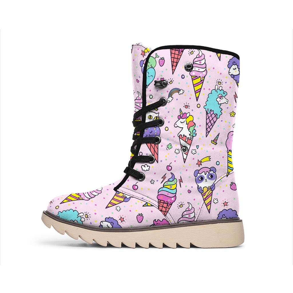 Girly Unicorn Ice Cream Pattern Print Winter Boots