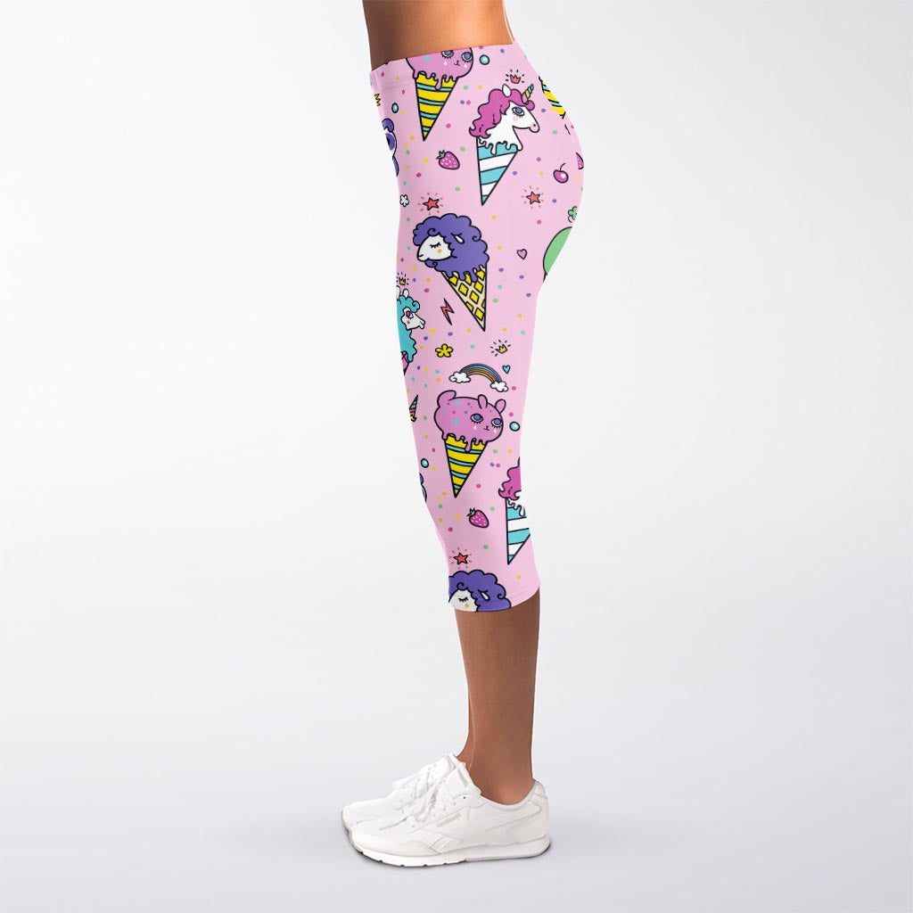 Girly Unicorn Ice Cream Pattern Print Women's Capri Leggings
