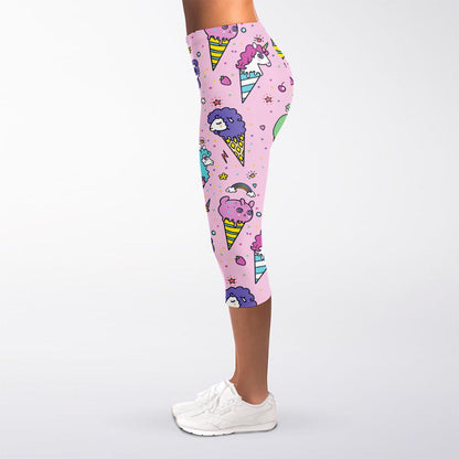 Girly Unicorn Ice Cream Pattern Print Women's Capri Leggings
