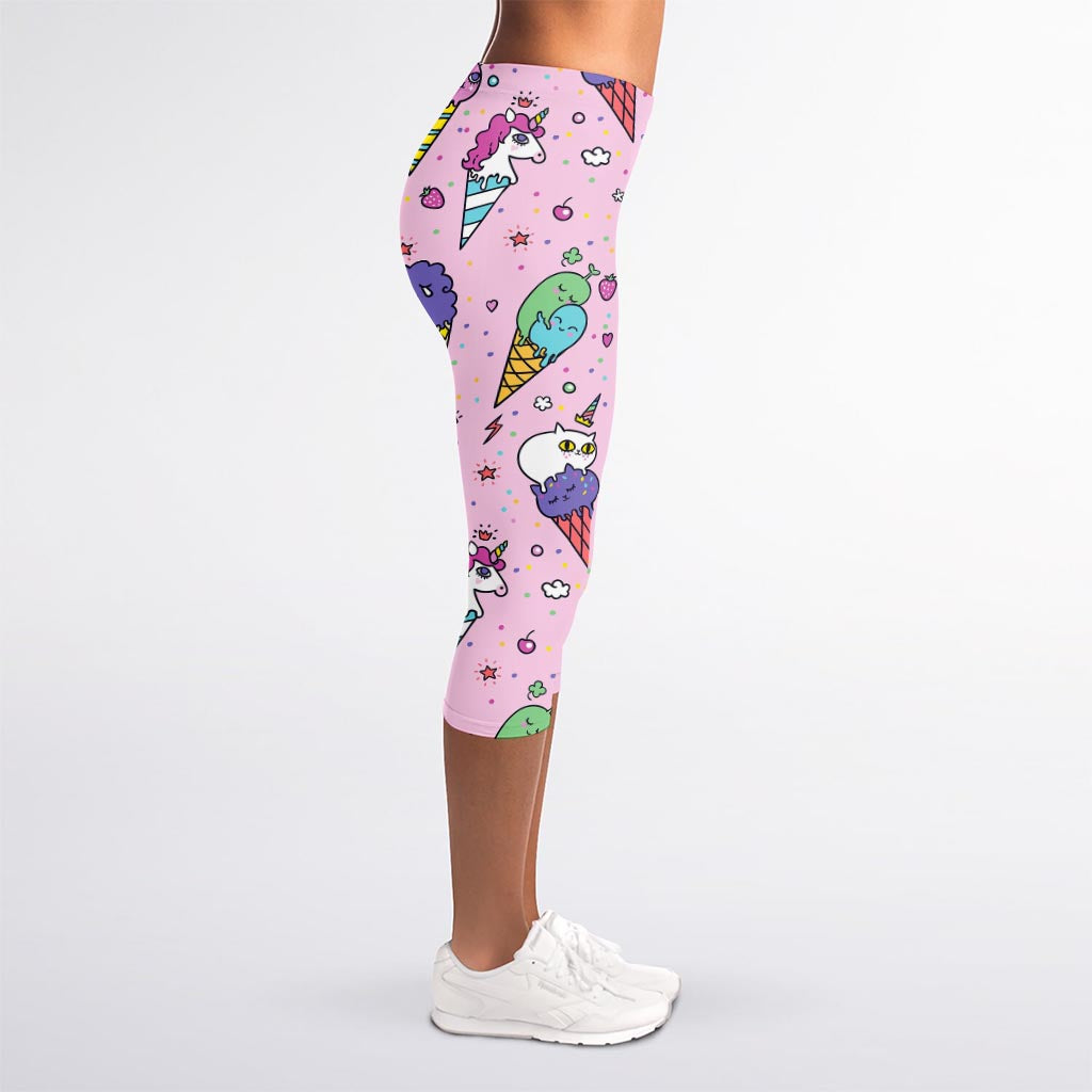 Girly Unicorn Ice Cream Pattern Print Women's Capri Leggings