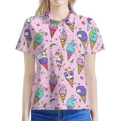 Girly Unicorn Ice Cream Pattern Print Women's Polo Shirt
