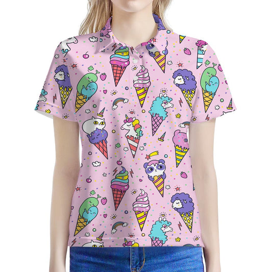 Girly Unicorn Ice Cream Pattern Print Women's Polo Shirt