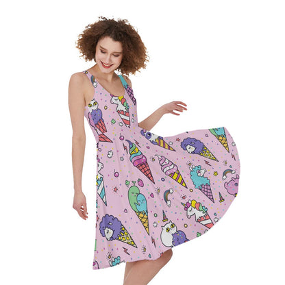 Girly Unicorn Ice Cream Pattern Print Women's Sleeveless Dress