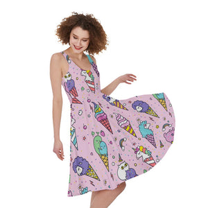 Girly Unicorn Ice Cream Pattern Print Sleeveless Knee Length Dress
