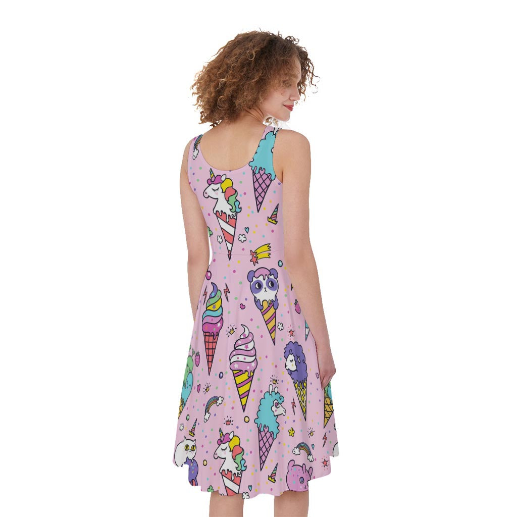 Girly Unicorn Ice Cream Pattern Print Women's Sleeveless Dress