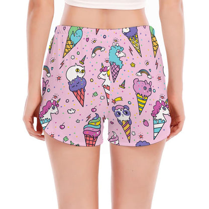 Girly Unicorn Ice Cream Pattern Print Women's Split Running Shorts