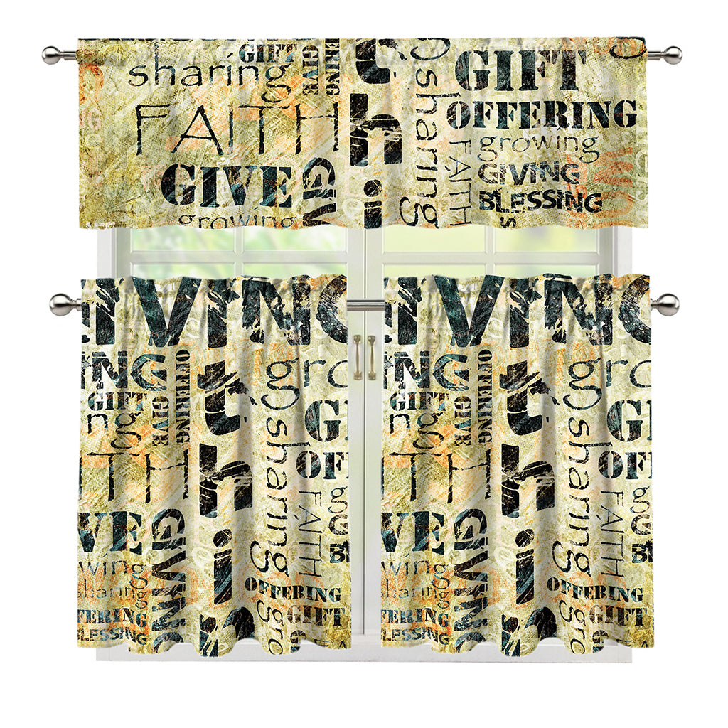 Giving And Tithing Religious Words Print 3 Piece Kitchen Curtains