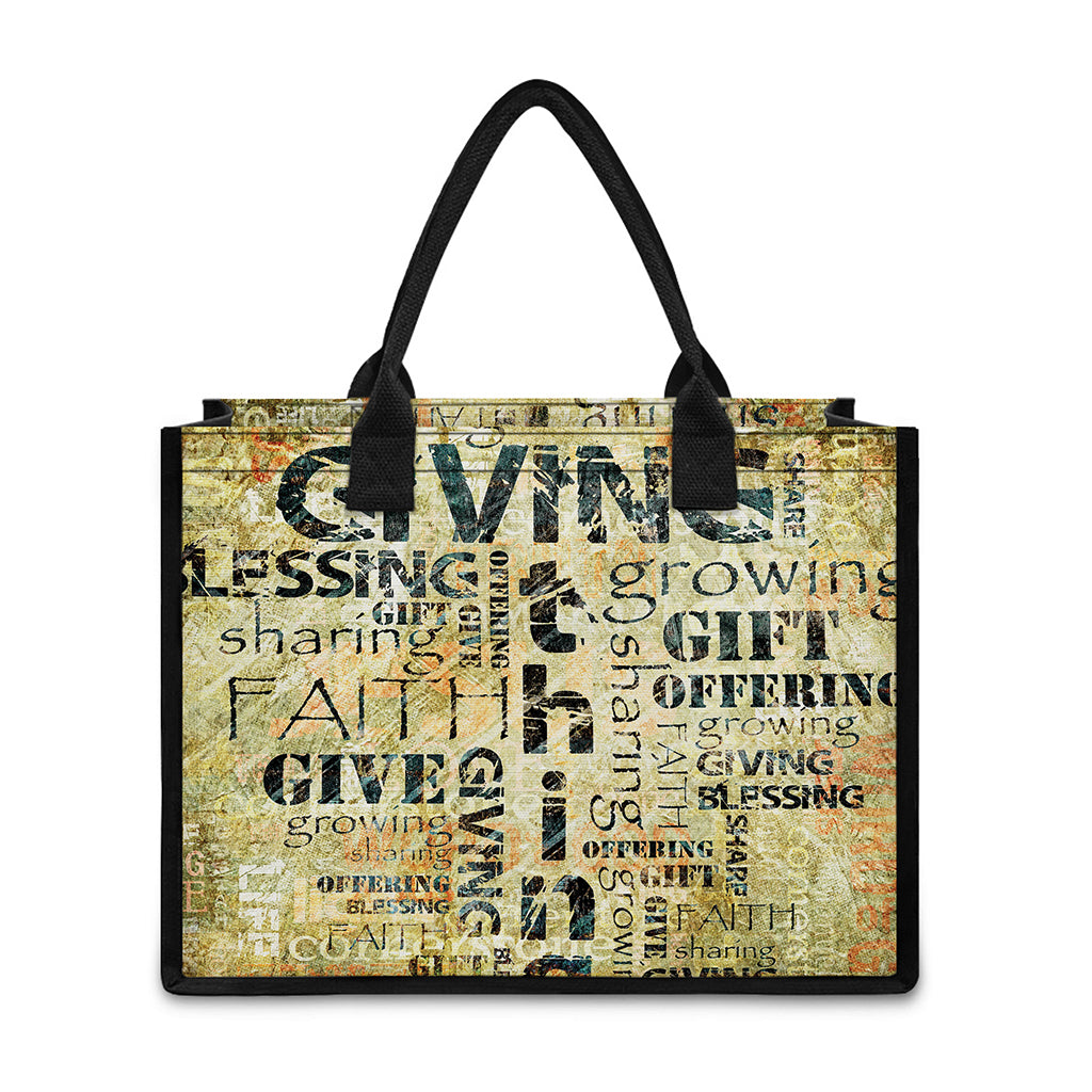 Giving And Tithing Religious Words Print Canvas Tote Bag
