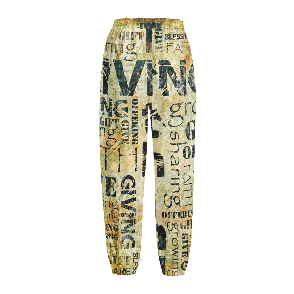 Giving And Tithing Religious Words Print Fleece Lined Knit Pants