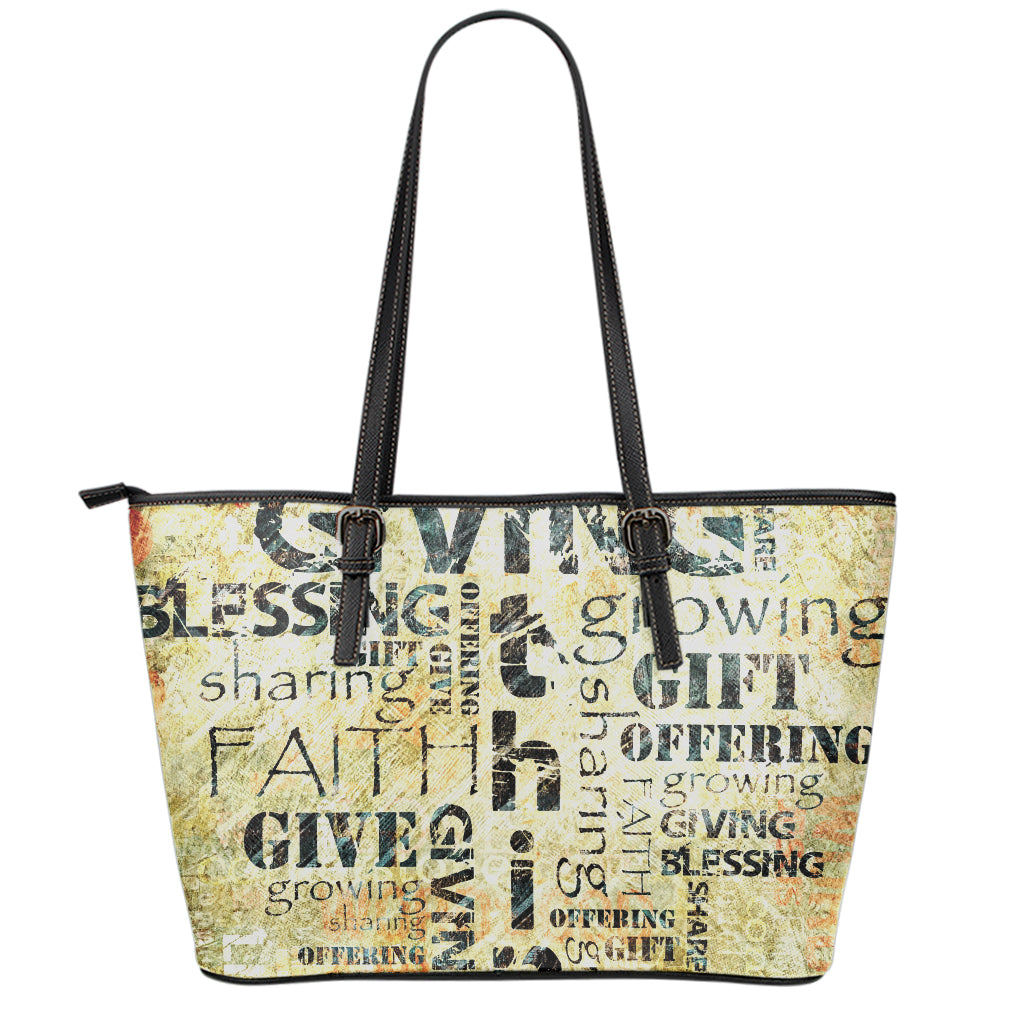 Giving And Tithing Religious Words Print Leather Tote Bag