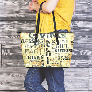 Giving And Tithing Religious Words Print Leather Tote Bag