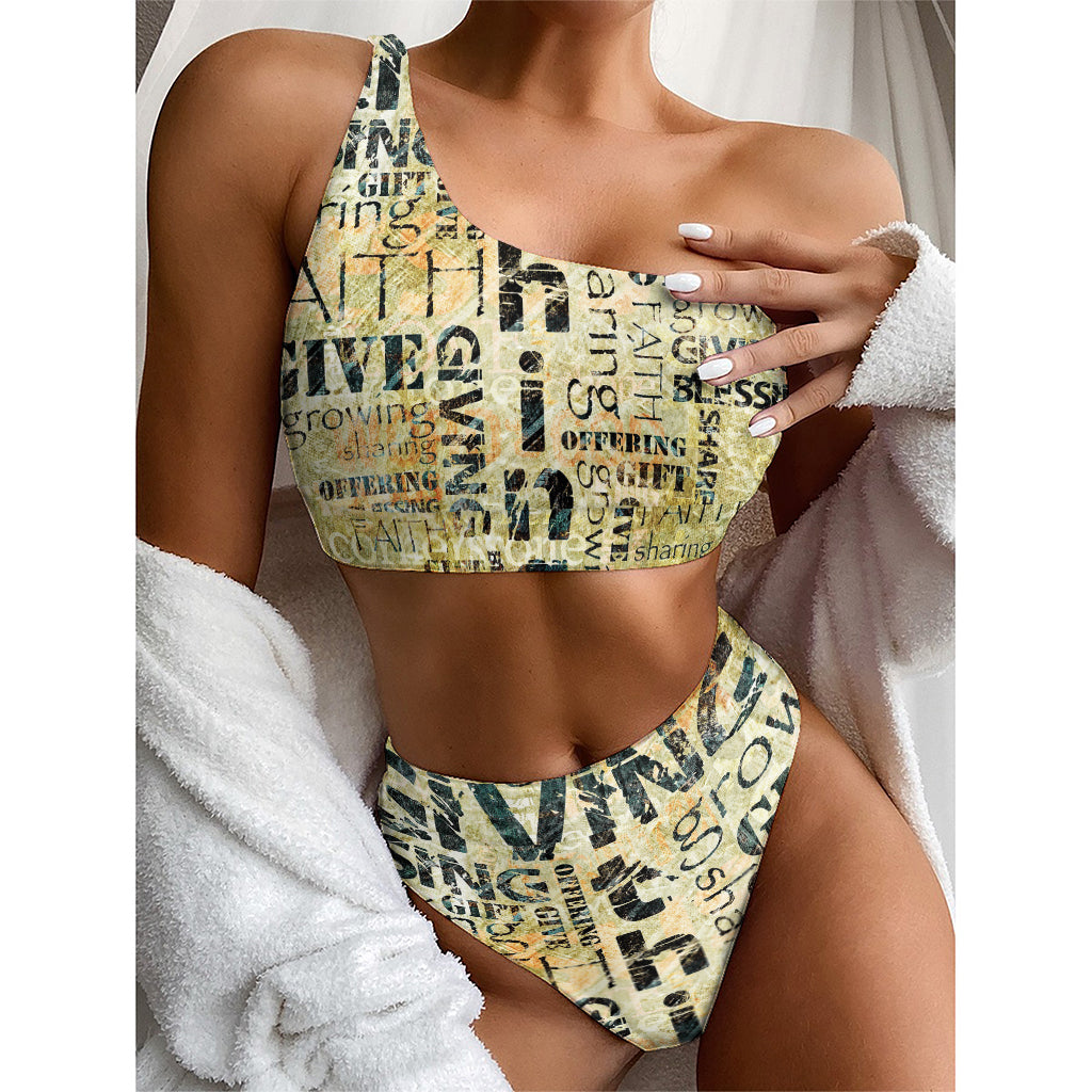 Giving And Tithing Religious Words Print One Shoulder Bikini Top