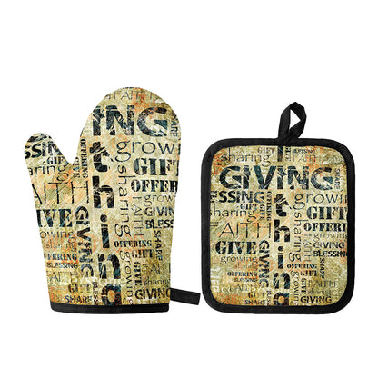 Giving And Tithing Religious Words Print Oven Mitt And Pot Holder Set