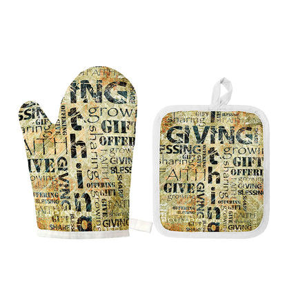 Giving And Tithing Religious Words Print Oven Mitt And Pot Holder Set