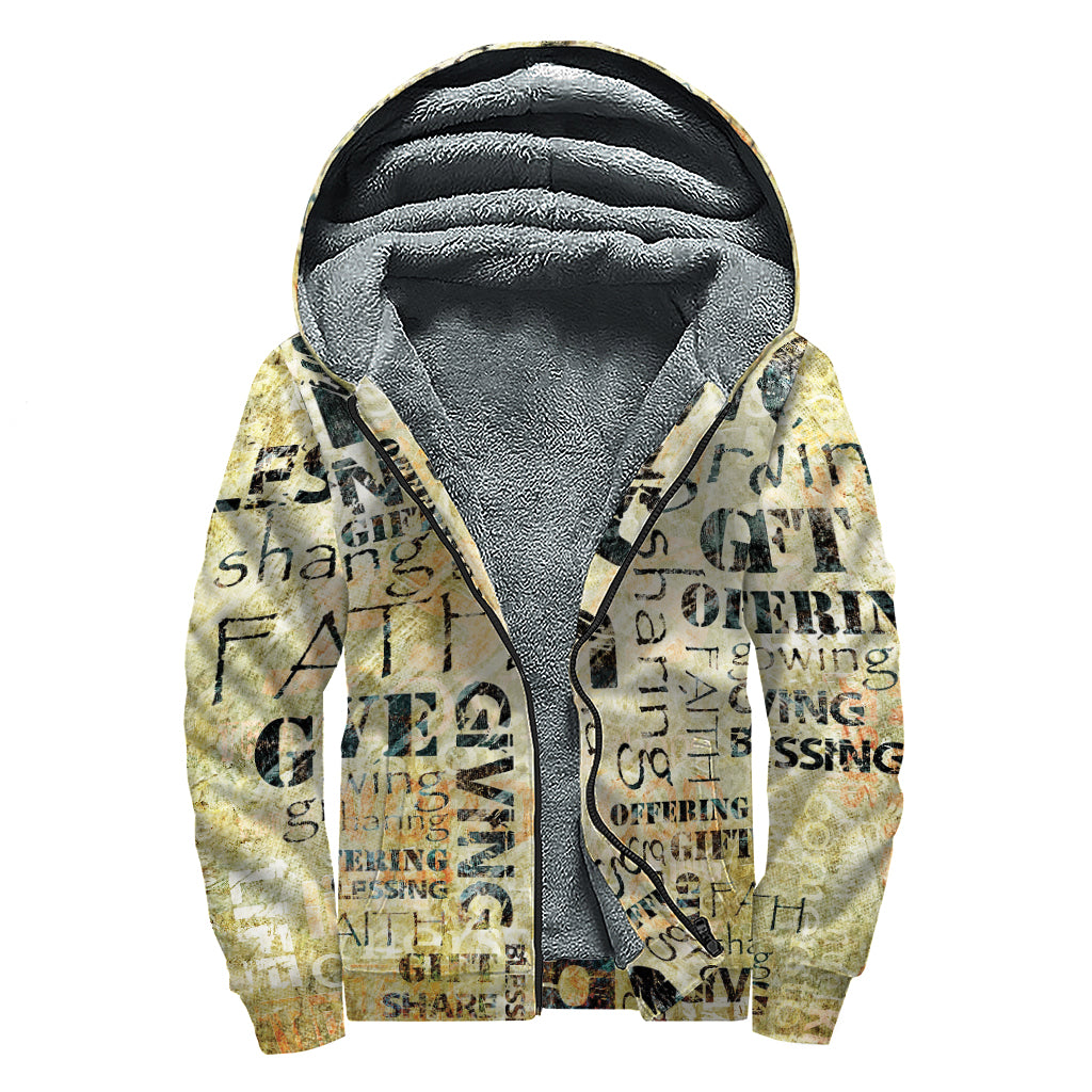 Giving And Tithing Religious Words Print Sherpa Lined Zip Up Hoodie